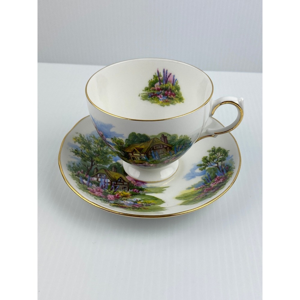 Vintage Royal Vale Country Cottage Tea Cup Saucer Set Bone China Gold Trim